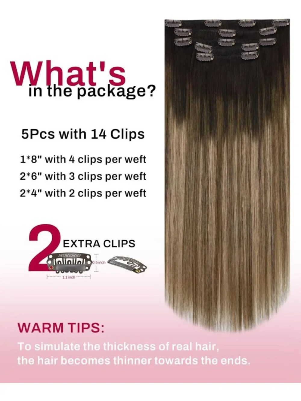10-Inch Ombre Clip-In Hair Extensions - Brown to Blonde Balayage, 80g, 5pcs